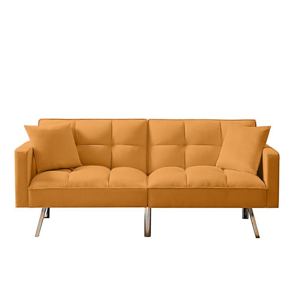 Sofa Bed 2 Seater Mustard Velvet Click Clack Sofa Settee Recliner Couch with Metal Legs with 2 Pillows