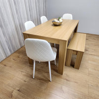 Wooden Dining Table Set for 6 Oak Effect Table With 4 White Gem Patterned  Chairs and 1 Bench