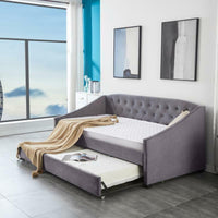 Daybed with Trundle grey 3ft twin velvet tufted wooden day bed with 2 spring mattresses bedroom