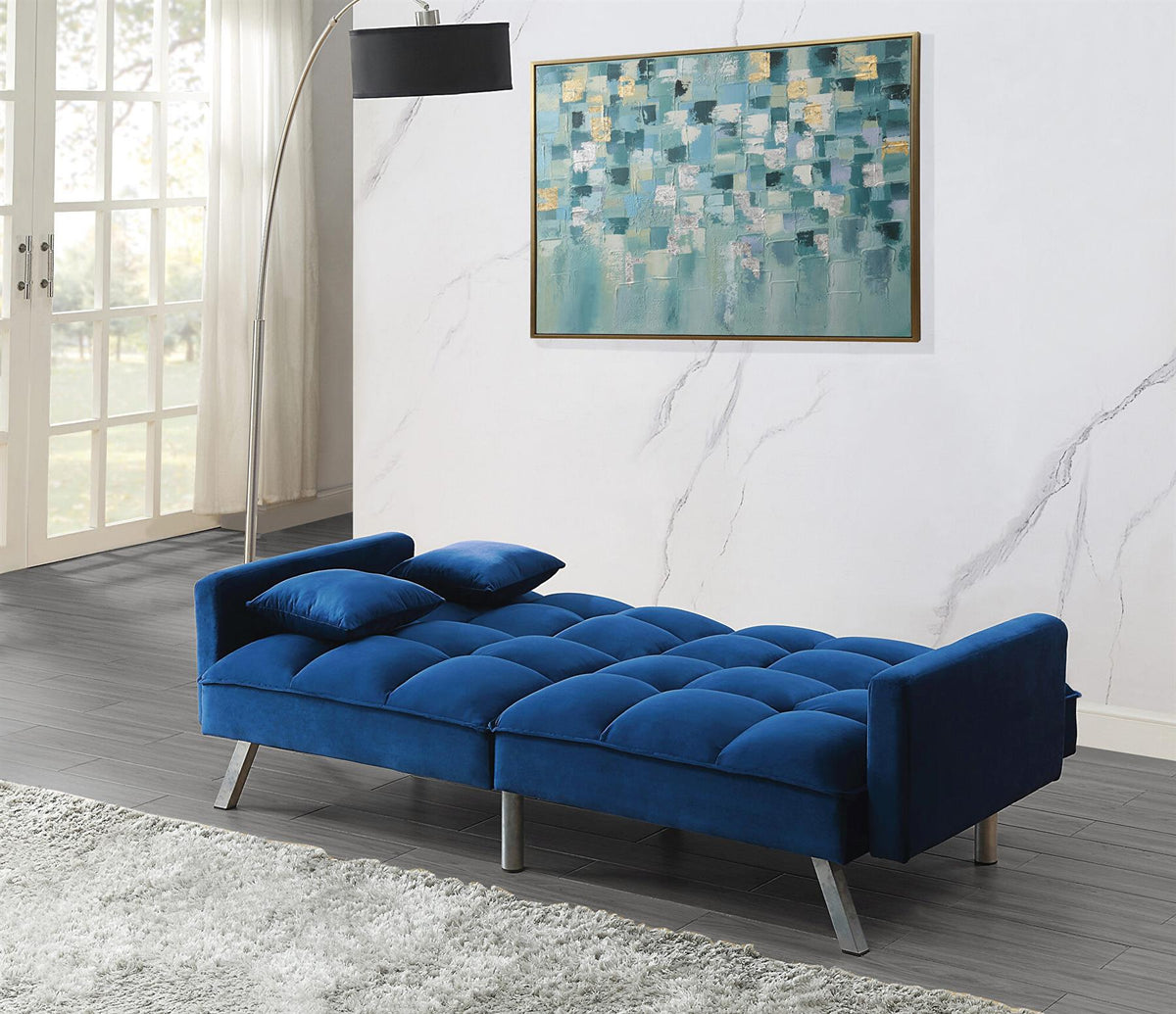 Sofa Bed 2 Seater Blue Velvet Click Clack Sofa Settee Recliner Couch with Metal Legs 2 Pillows