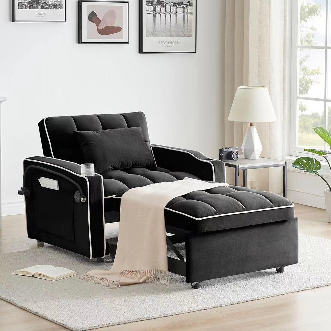 3-in-1 Convertible Sofa Bed Sleeper Chair with Adjustable Backrest, USB Charging & Cup Holder for Small Spaces