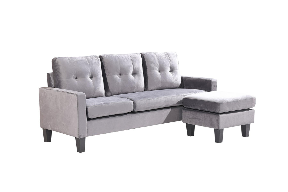 Corner Sofa Velvet Sectional Sofa with Ottoman L-shaped Grey Sofa Couch Reversible 3-Seater