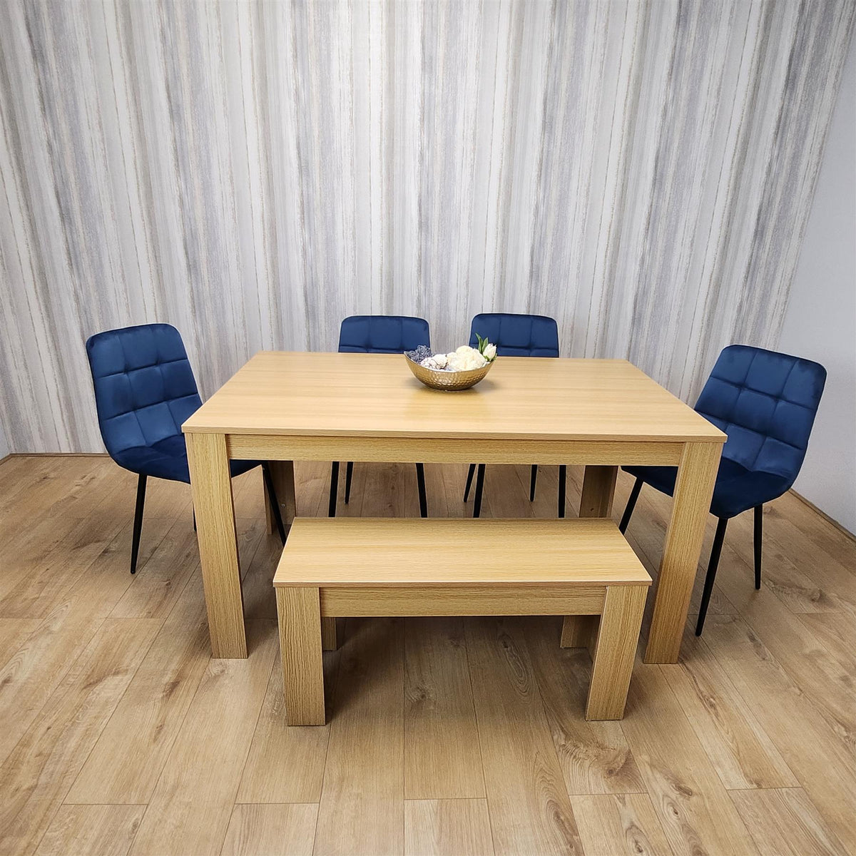 Wooden Dining Table Set for 6 Oak Effect Table With 4 Blue Velvet Chairs and 1 Bench