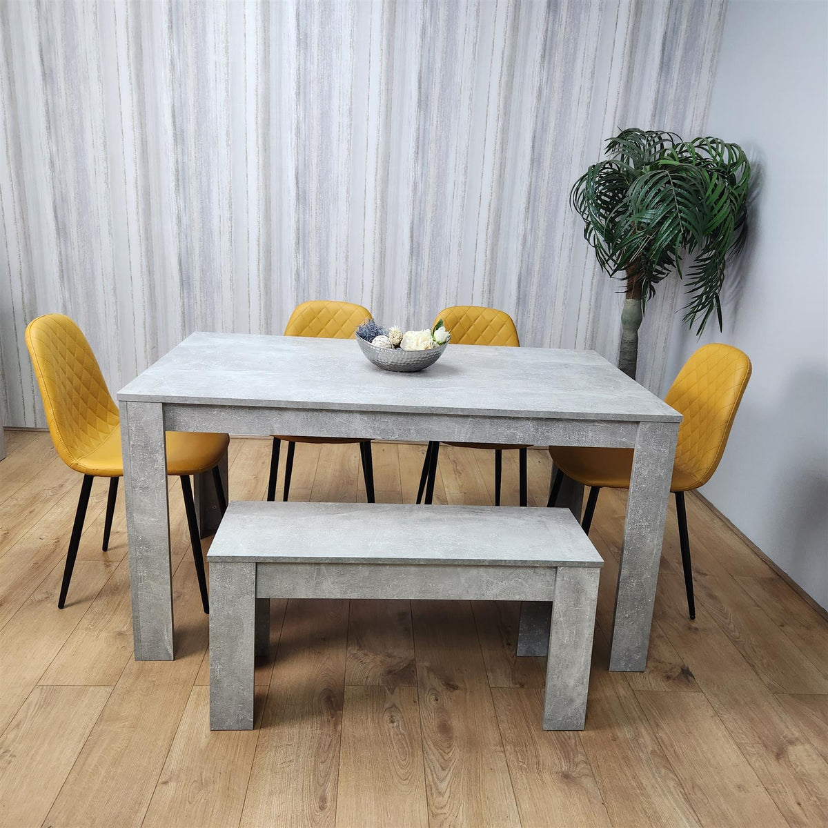 Wooden Rectangle Dining Table Sets with Set of 4 Chairs, Grey and Mustard