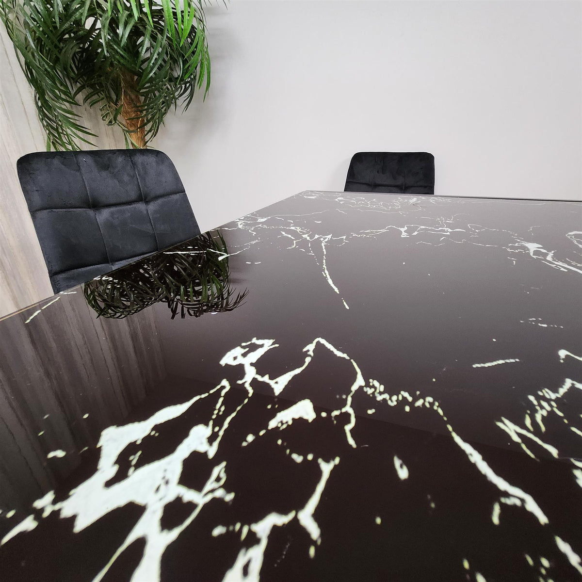 Dining Table and 4 Chairs Black Marble Effect Glass 4 Velvet Black Chairs Dining Room Furniture