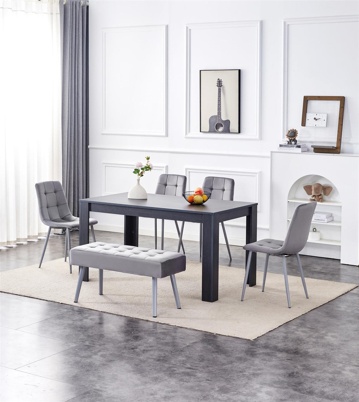 Dining Table and 4 Chairs With Bench Dark Grey Table 4 Grey Velvet Chairs Wood Table Dining Set Furniture