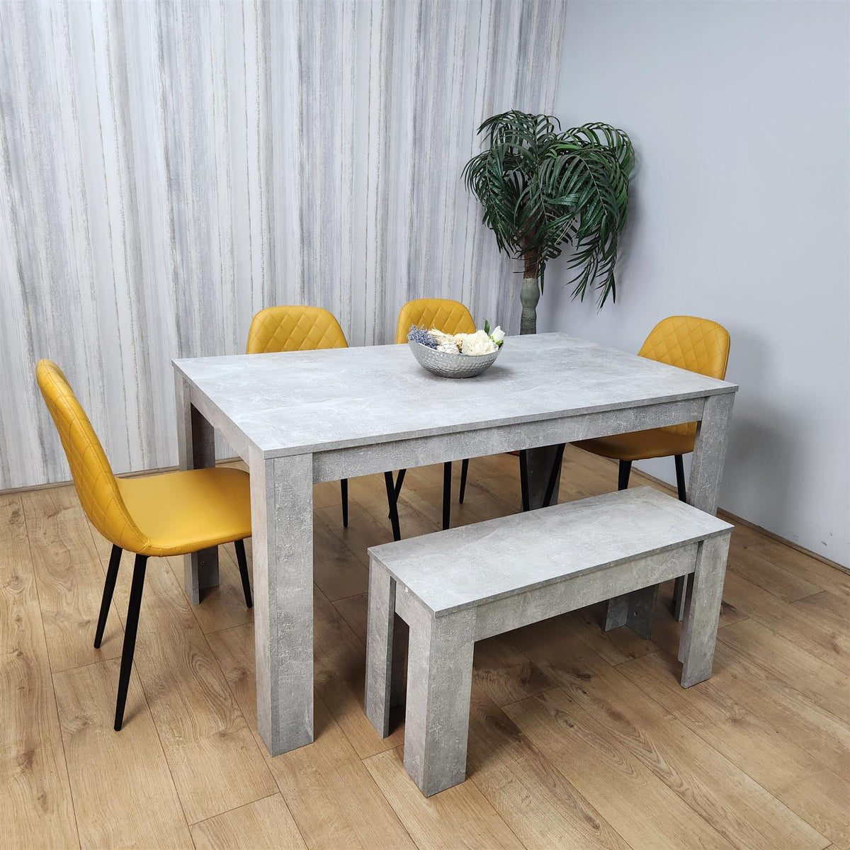 Wooden Rectangle Dining Table Sets with Set of 4 Chairs, Grey and Mustard