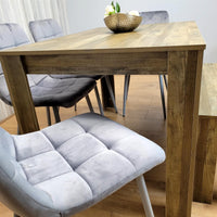 Wooden Dining Table Set for 6 Rustic Effect Table With 4 Grey Velvet Chairs and 1 Bench