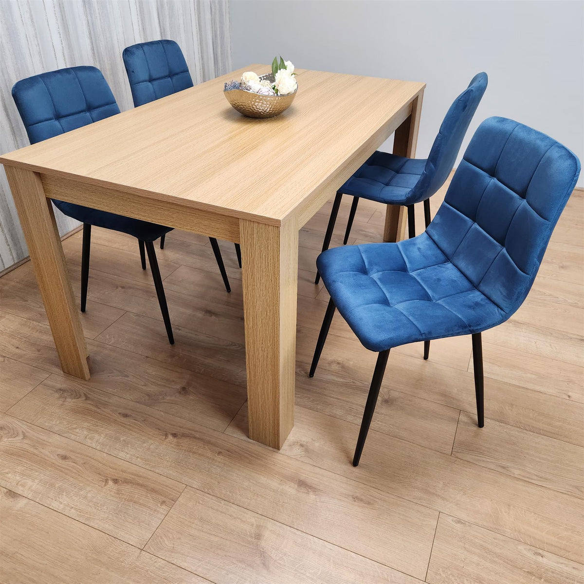 Dining Set of 4 Dining Table and 4 Blue Velvet Chairs Dining Room Furniture