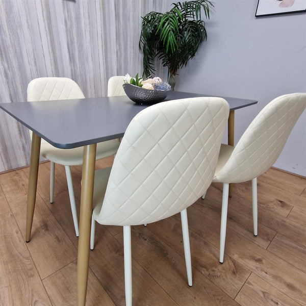 Wooden Rectangle Dining Table Set Grey Table with 4 Cream Gem Patterned Chairs