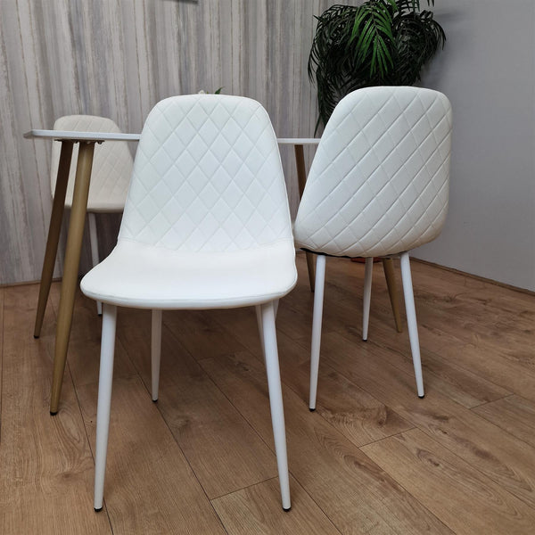 Wooden Dining Table with 4 White Gem Patterned Chairs White Table with White Chairs