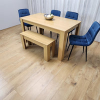 Wooden Dining Table Set for 6 Oak Effect Table With 4 Blue Velvet Chairs and 1 Bench