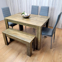 Wooden Dining Table Set for 6 Rustic Effect Table With 4 Grey Leather Chairs and 1 Bench