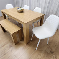 Wooden Dining Table Set for 6 Oak Effect Table With 4 White Gem Patterned  Chairs and 1 Bench