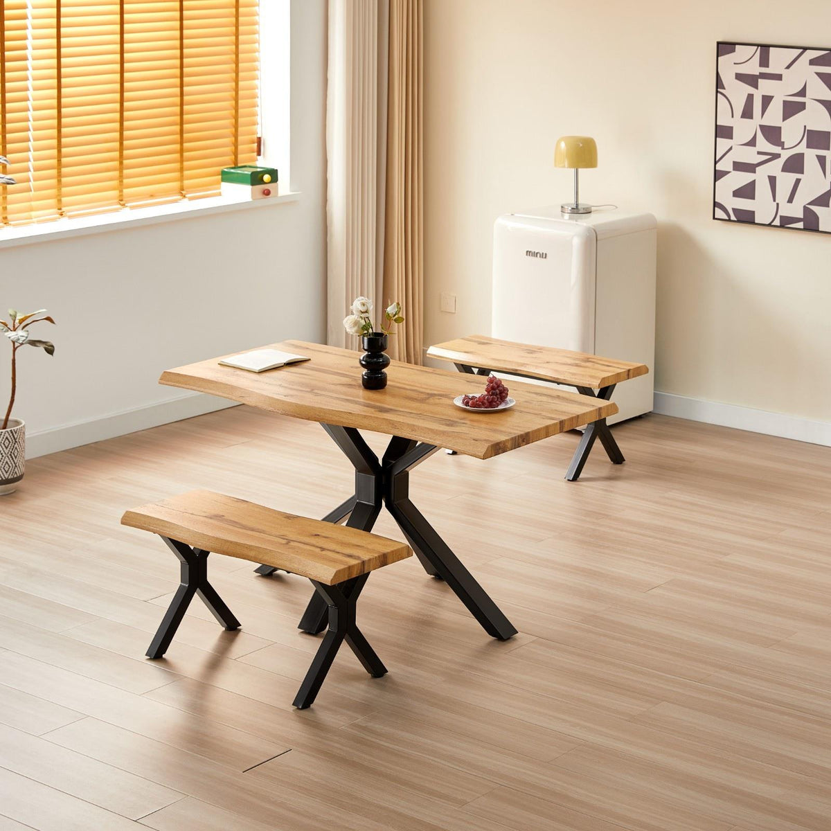 Wooden Dining Table and 2 Benches Set with X-Shaped Iron Legs, Curved Edge for Dining Room