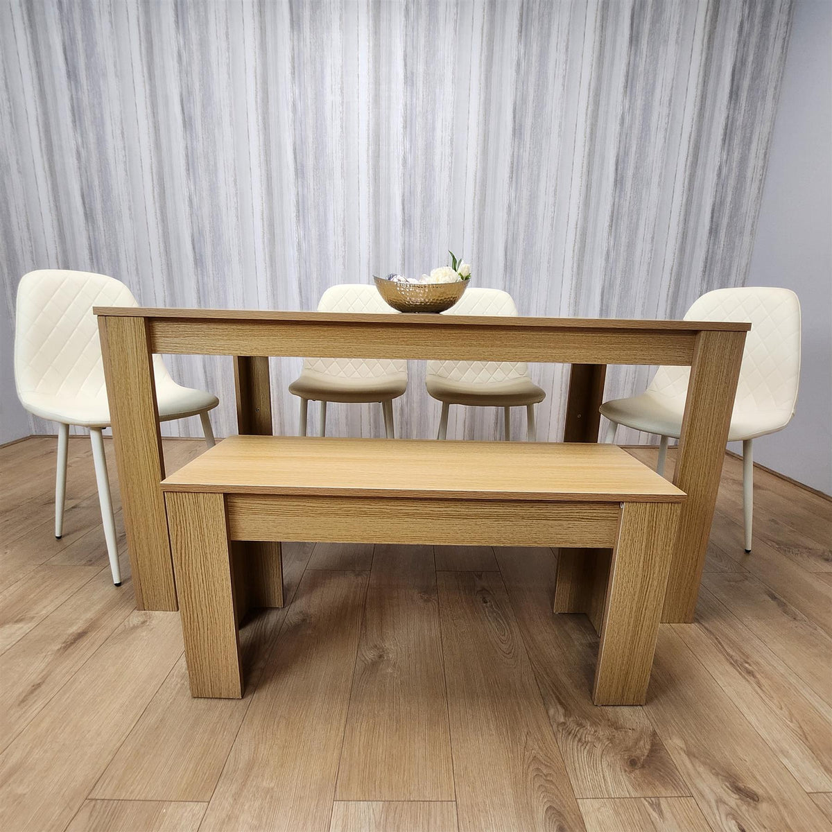 Wooden Dining Table Set for 6 Oak Effect Table With 4 Cream Gem Patterned  Chairs and 1 Bench