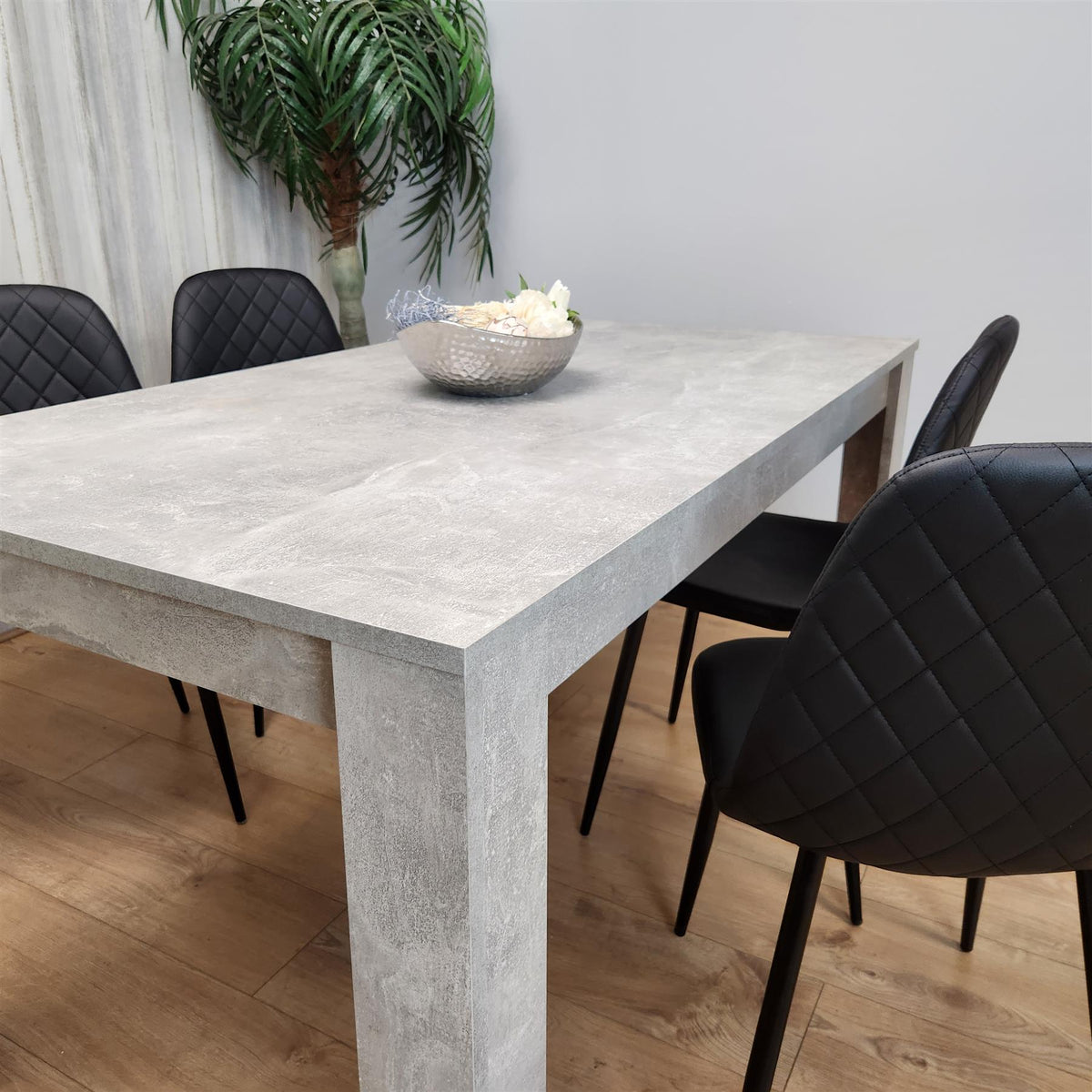 Dining Table and 4 Chairs Stone Grey Effect Wood Table 4 Black Leather Chairs Dining Room