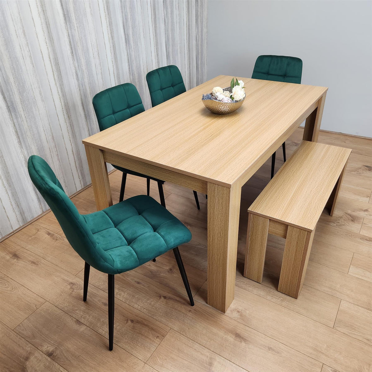 Wooden Dining Table Set for 6 Oak Effect Table With 4 Green Velvet Chairs and 1 Bench