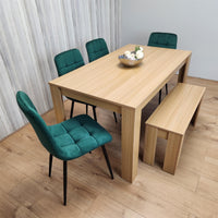 Wooden Dining Table Set for 6 Oak Effect Table With 4 Green Velvet Chairs and 1 Bench