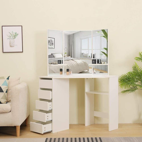 Corner Dressing Table with Mirrors and Stool Makeup Vanity Mirror Hollywood Table