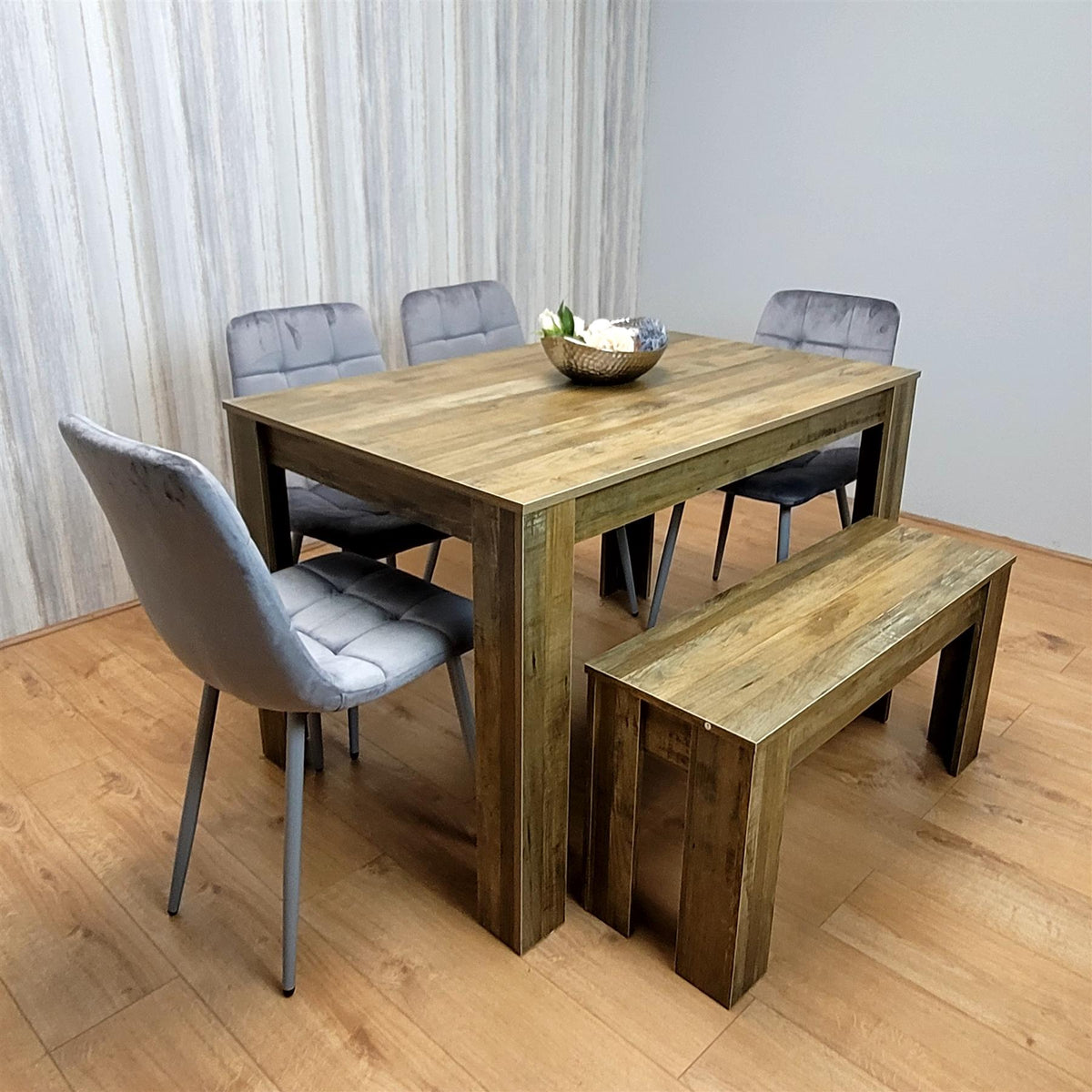 Wooden Dining Table Set for 6 Rustic Effect Table With 4 Grey Velvet Chairs and 1 Bench