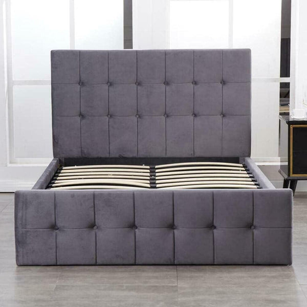 Ottoman Storage Bed grey 4ft small double velvet and 1 Mattress cushioned bedroom