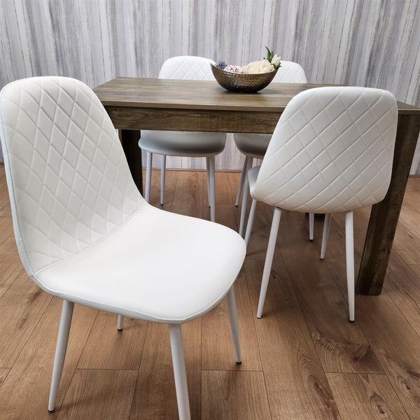 Wooden Dining Table with 4 white Gem Patterned Chairs Rustic Effect Table with white Chairs
