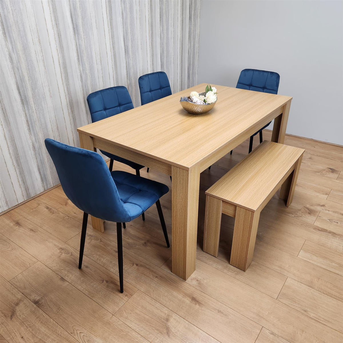 Wooden Dining Table Set for 6 Oak Effect Table With 4 Blue Velvet Chairs and 1 Bench