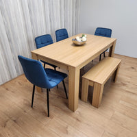 Wooden Dining Table Set for 6 Oak Effect Table With 4 Blue Velvet Chairs and 1 Bench