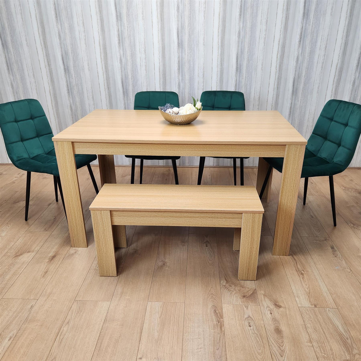 Wooden Dining Table Set for 6 Oak Effect Table With 4 Green Velvet Chairs and 1 Bench