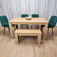 Wooden Dining Table Set for 6 Oak Effect Table With 4 Green Velvet Chairs and 1 Bench