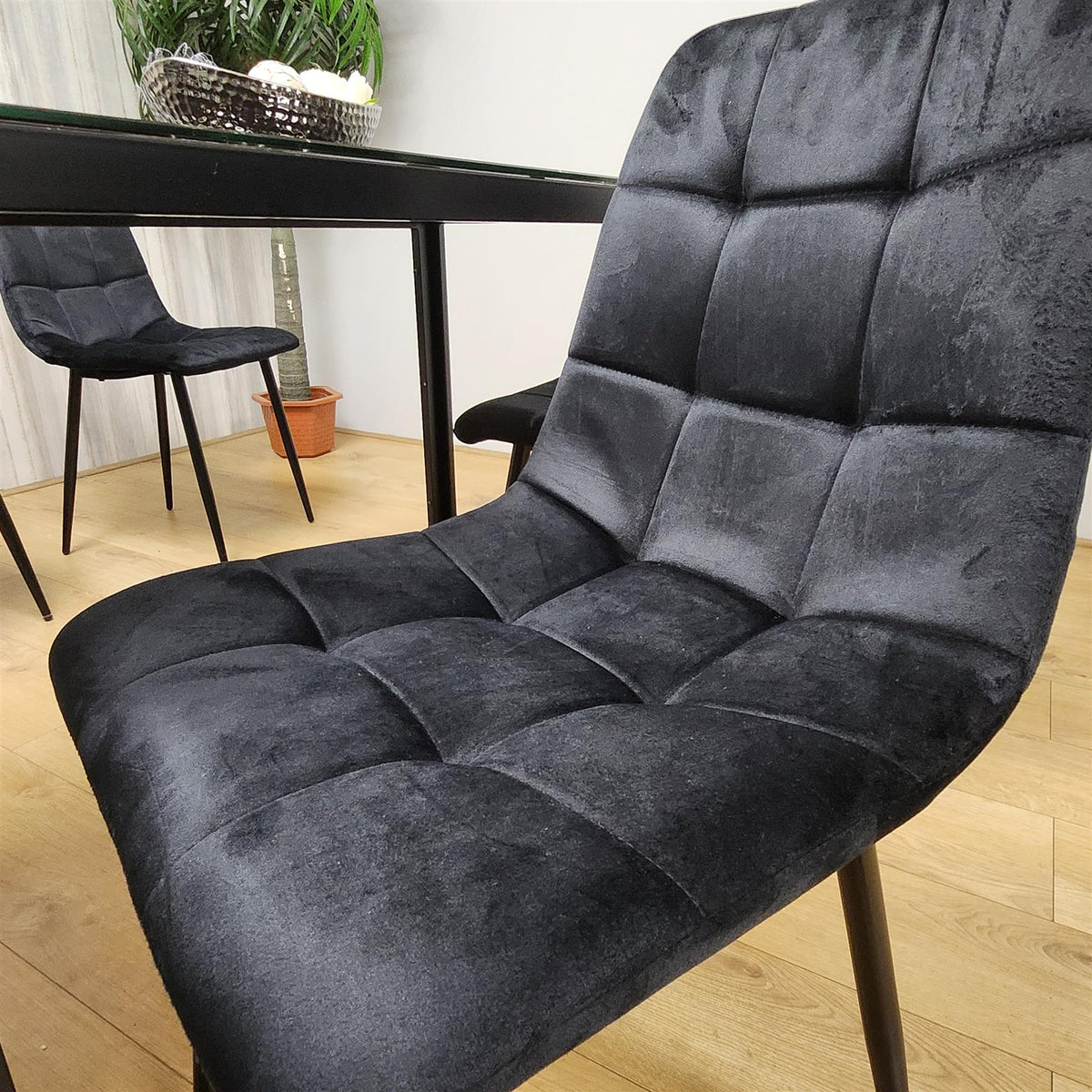 Dining Table and 4 Chairs Black Marble Effect Glass 4 Velvet Black Chairs Dining Room Furniture