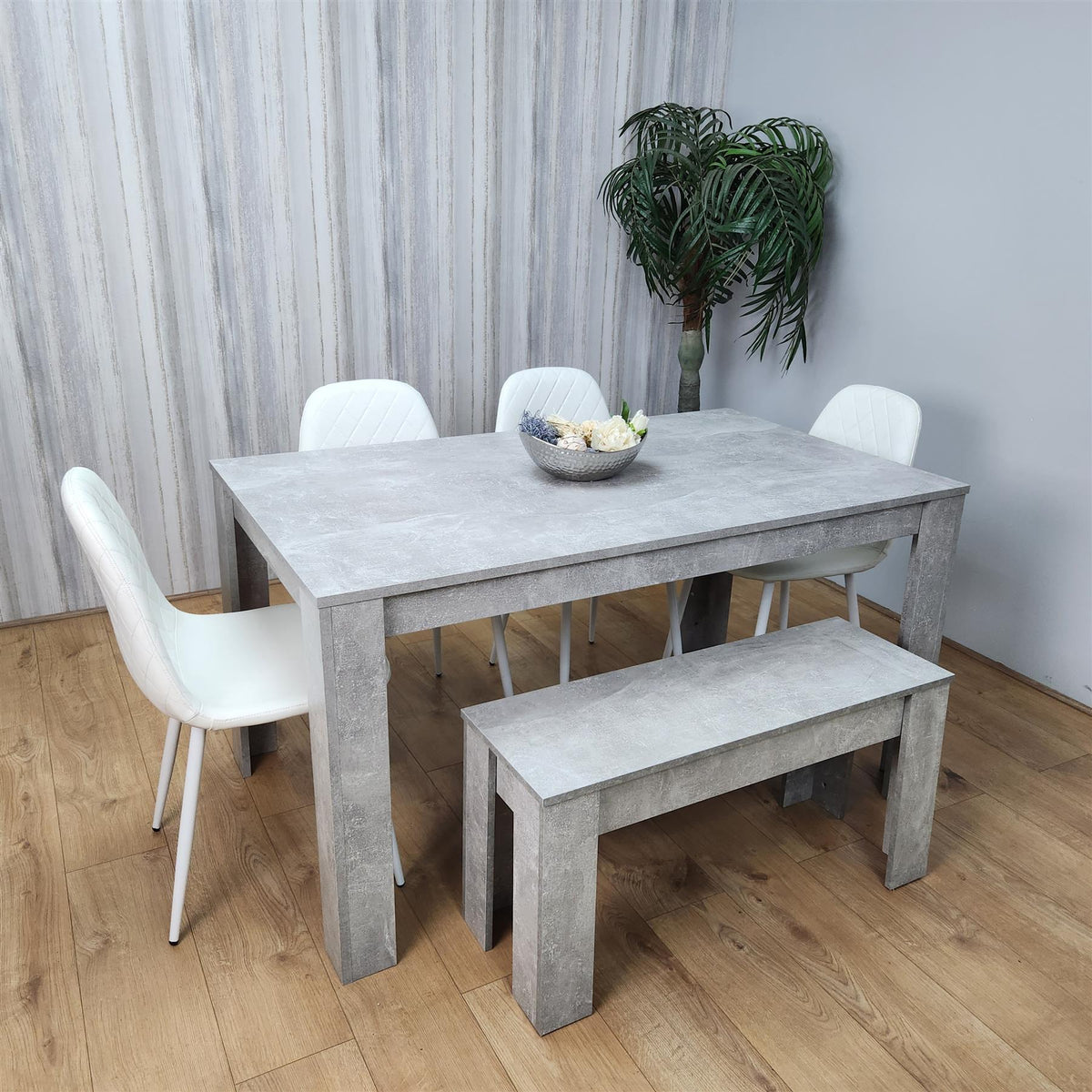 Wooden Rectangle Dining Table Sets with Set of 4 Chairs, a Bench, Grey and White