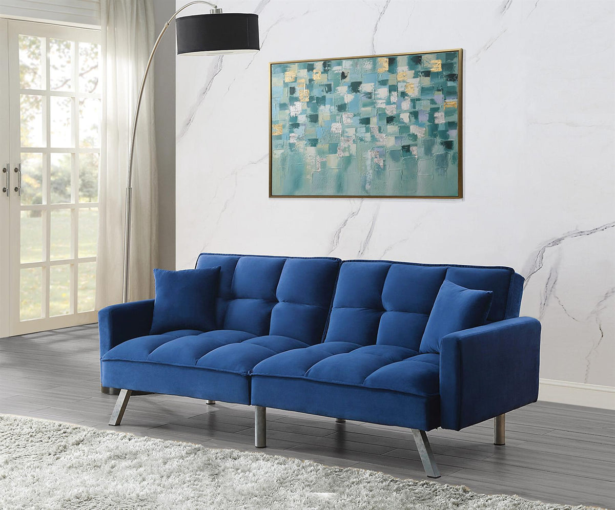 Sofa Bed 2 Seater Blue Velvet Click Clack Sofa Settee Recliner Couch with Metal Legs 2 Pillows