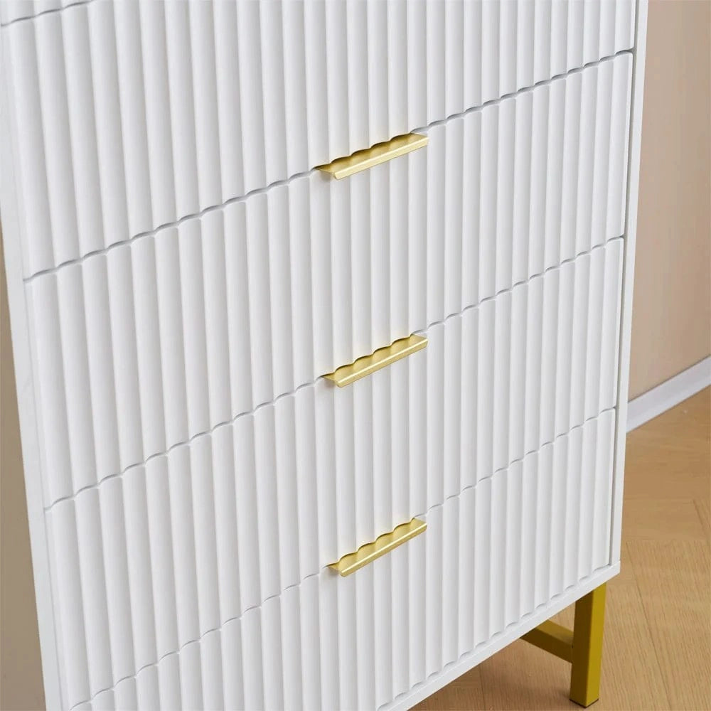 Modern White Chest of 5 Drawers with Gold Metal Legs and Handles – Stylish Storage Dresser for Bedroom & Living Room