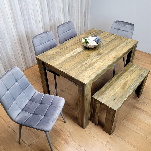 Wooden Dining Table Set for 6 Rustic Effect Table With 4 Grey Velvet Chairs and 1 Bench
