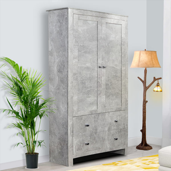 Grey Wardrobe Wooden 2 Doors With 2 Drawers Bedroom Storage Hanging Bar Clothes