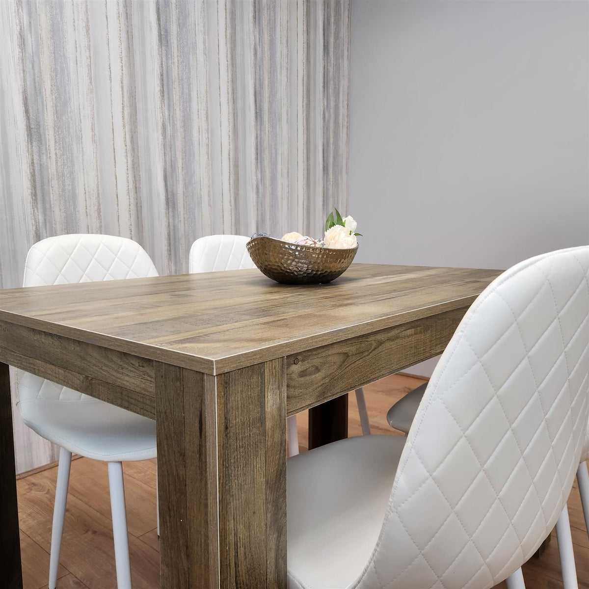 Wooden Dining Table with 4 white Gem Patterned Chairs Rustic Effect Table with white Chairs