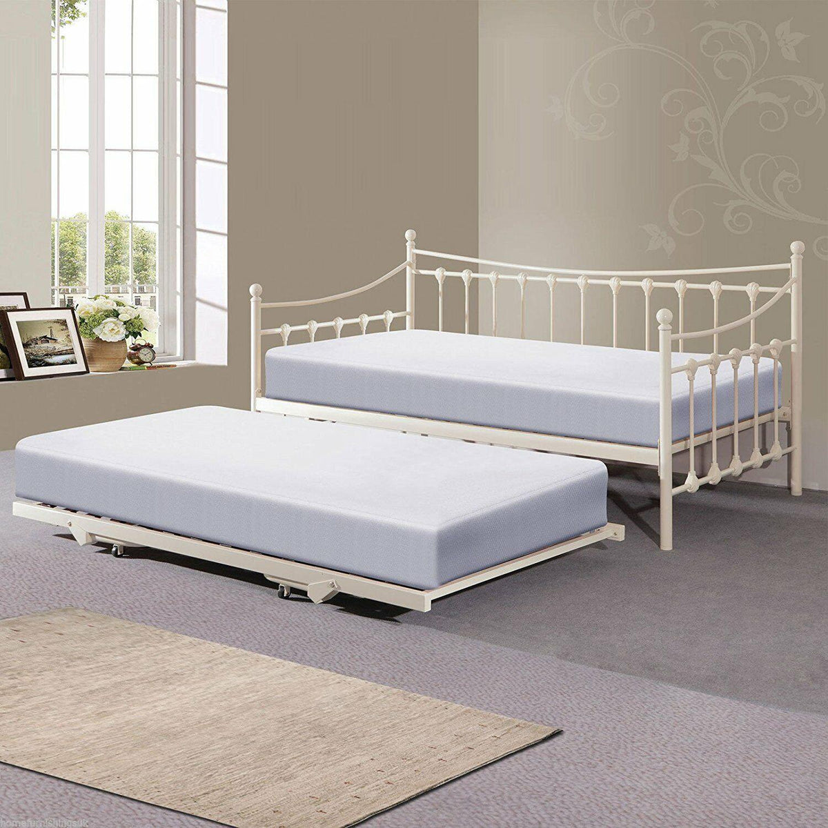 Daybed With Trundle white 3ft single twin bed and 2 spring mattresses pull out metal guest room bedroom living room