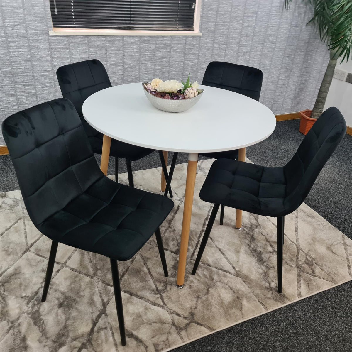 Dining Table and 4 Chairs  White Round Wood Table 4 Black Velvet Chairs Dining Room Furniture