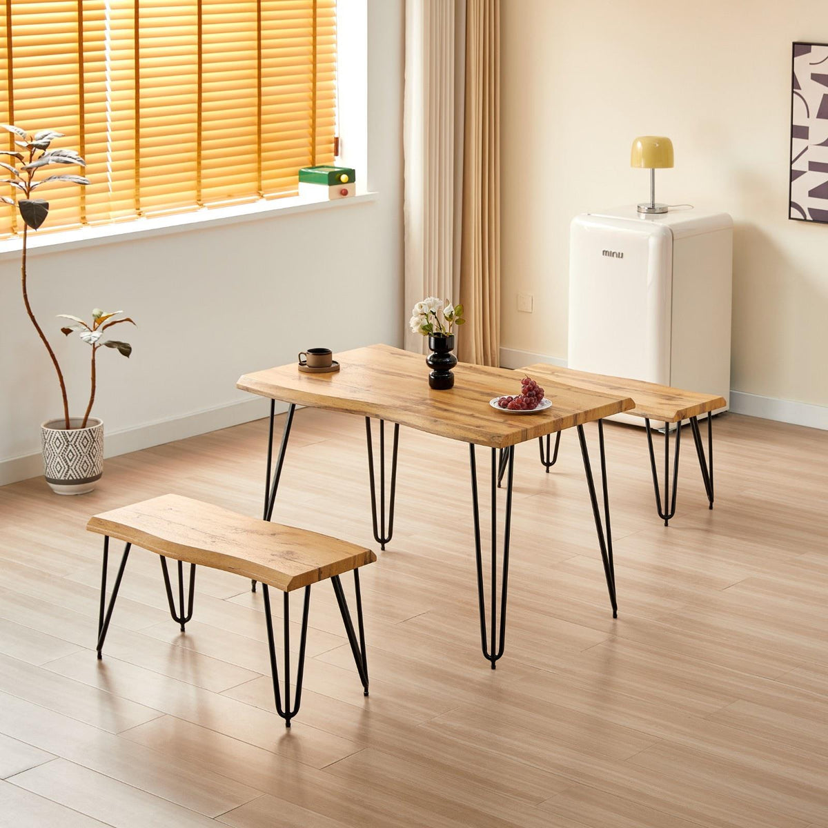 Wooden Dining Table and 2 Benches Set With Metal Hairpin Legs for Dining Room, Work, or Study