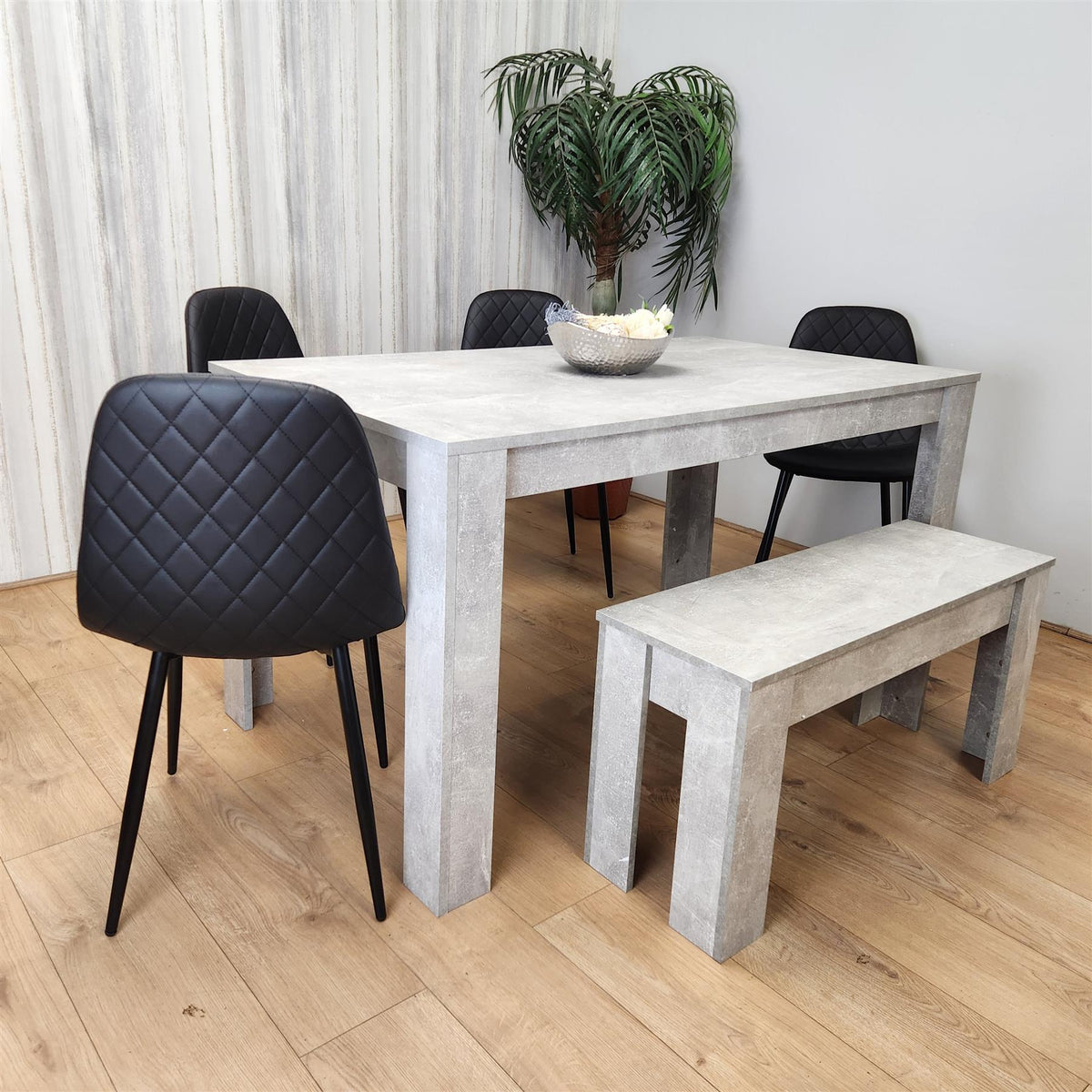 Dining Table and 4 Chairs With Bench Stone Grey Effect Wood Table 4 Black Leather Chairs Dining Room