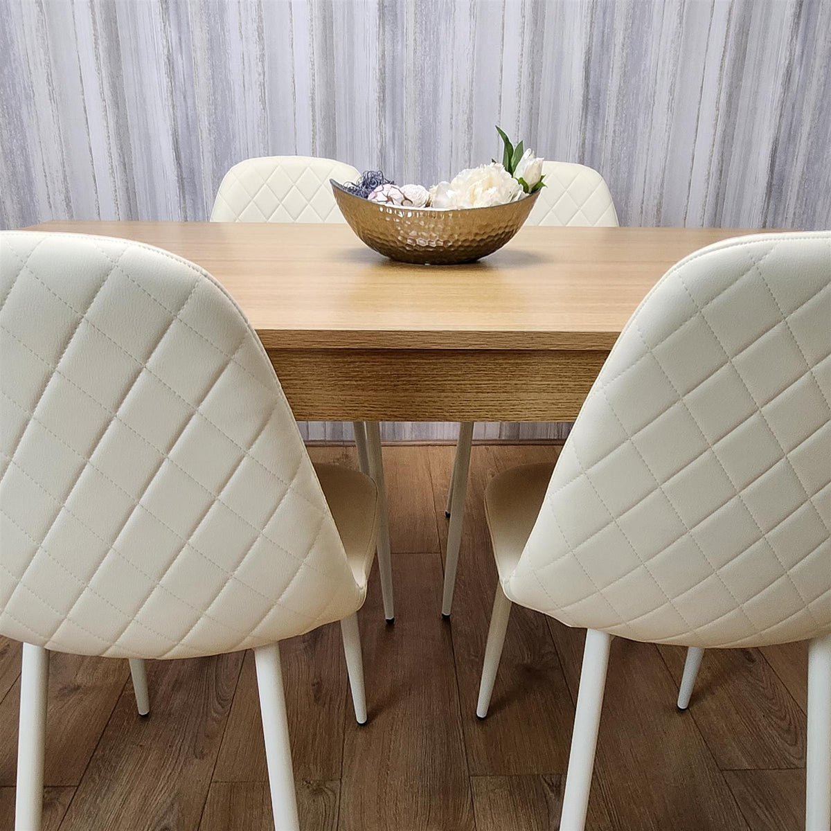 Wooden Dining Table with 4 Cream Gem Patterned Chairs Rusteic Effect Table with Cream Chairs