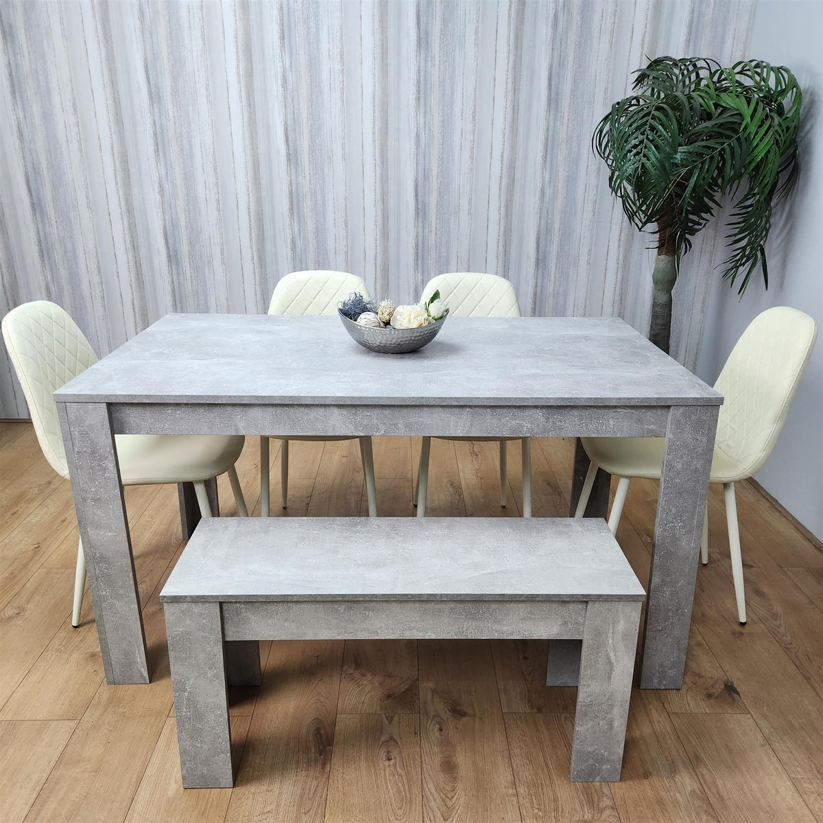 Wooden Rectangle Dining Table Sets with Set of 4 Chairs, a Bench, Grey and Cream