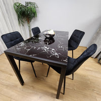Dining Table and 4 Chairs Black Marble Effect Glass 4 Velvet Black Chairs Dining Room Furniture