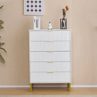 Modern White Chest of 5 Drawers with Gold Metal Legs and Handles – Stylish Storage Dresser for Bedroom & Living Room