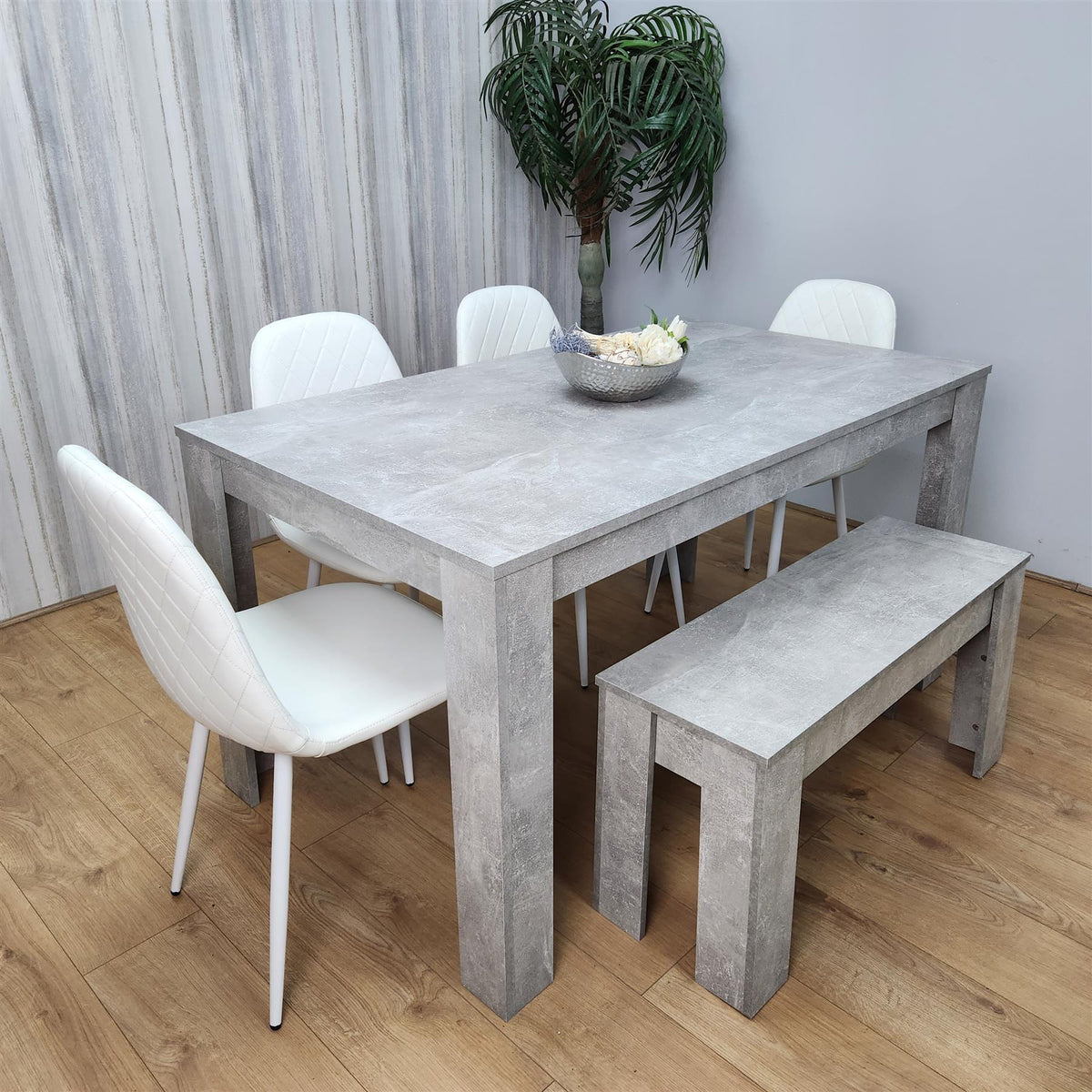 Wooden Rectangle Dining Table Sets with Set of 4 Chairs, a Bench, Grey and White