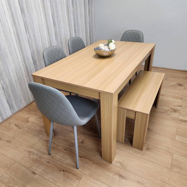 Wooden Dining Table Set for 6 Oak Effect Table With 4 Grey Gem Patterned  Chairs and 1 Bench