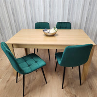 Dining Set of 4 Oak Effect Dining Table and 4 Green Velvet Chairs Dining Room Furniture