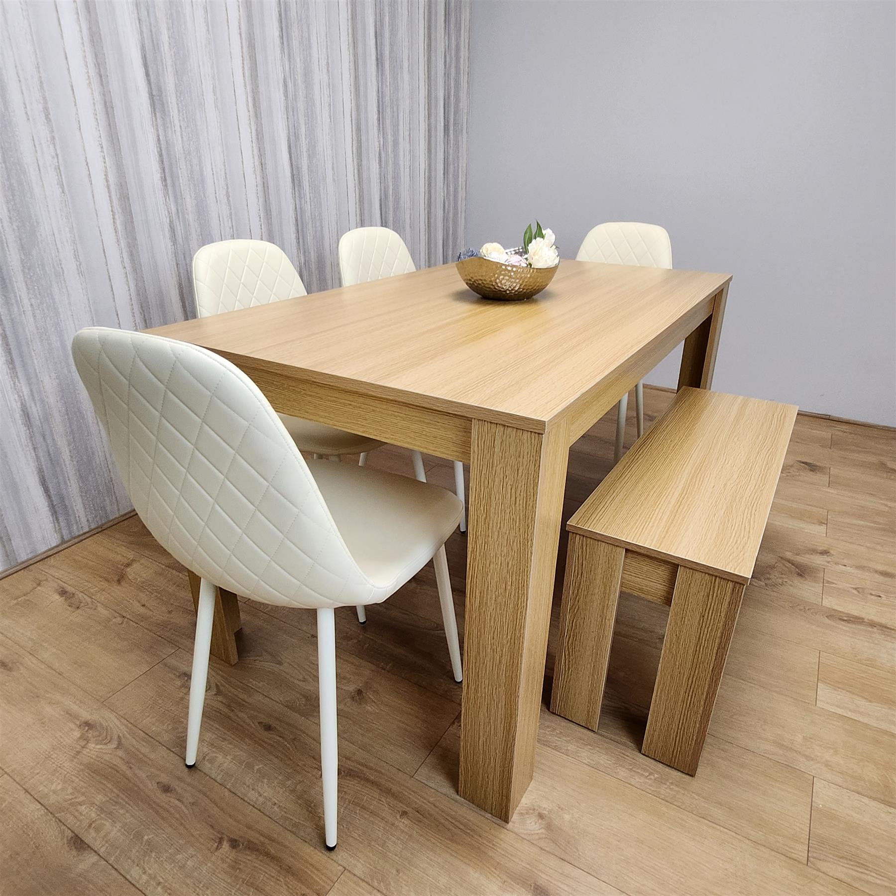 Wooden Dining Table Set for 6 Oak Effect Table With 4 Cream Gem Patterned Chairs and 1 Bench